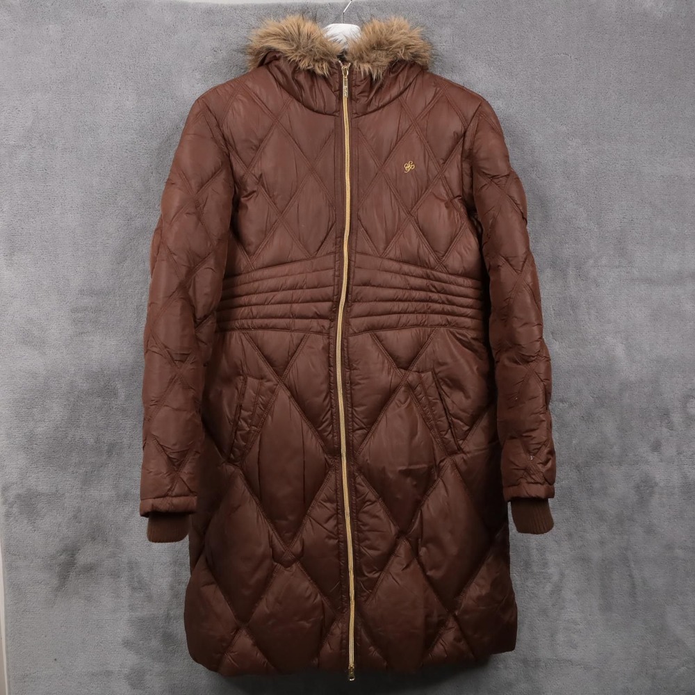 SOUTH POLE Vtg Y2K Quilted Faux Fur Down Puffer Coat Hood Brown‎ Gold Womens XL